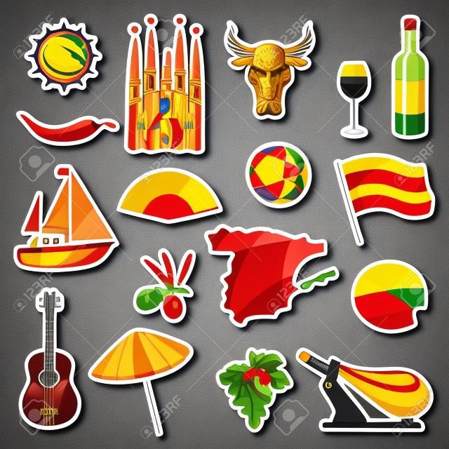 İspanya sticker icons set. İspanyol geleneksel simgeleri ve nesneleri