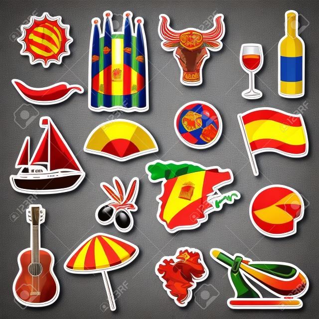 İspanya sticker icons set. İspanyol geleneksel simgeleri ve nesneleri