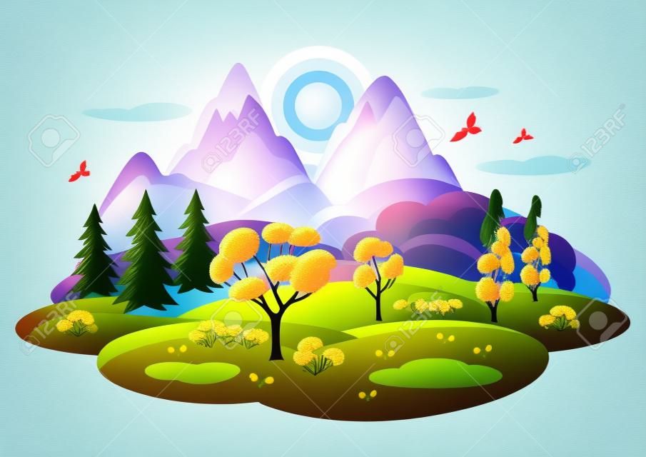 Spring landscape with trees, mountains and hills. Seasonal illustration