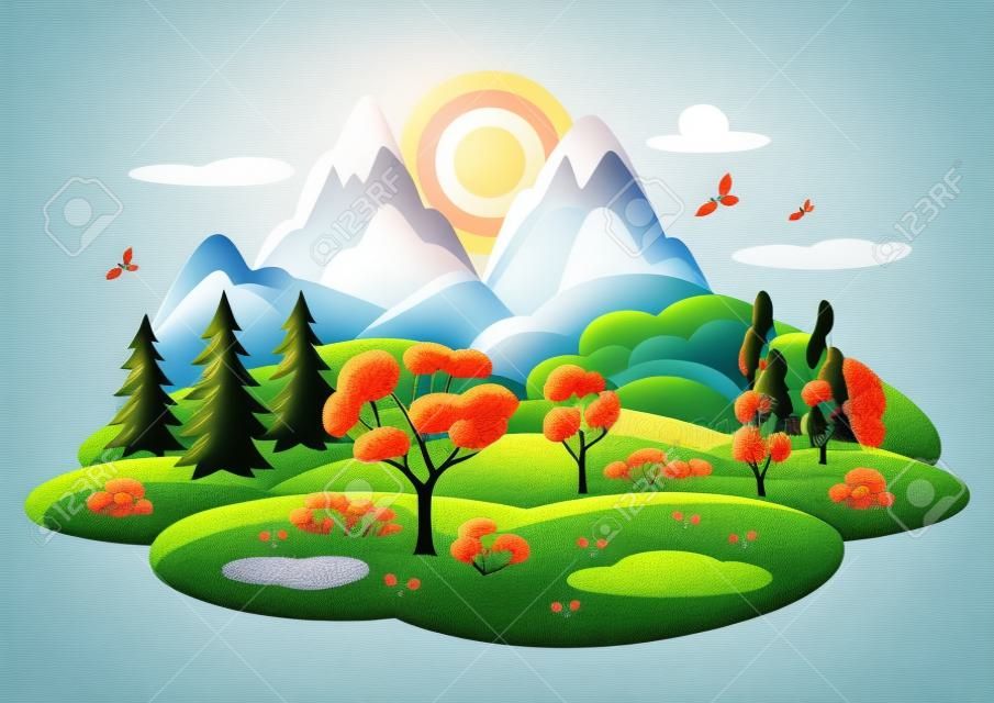 Spring landscape with trees, mountains and hills. Seasonal illustration