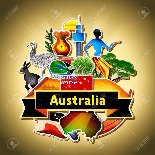 Australia background design. Australian traditional sticker symbols and objects.