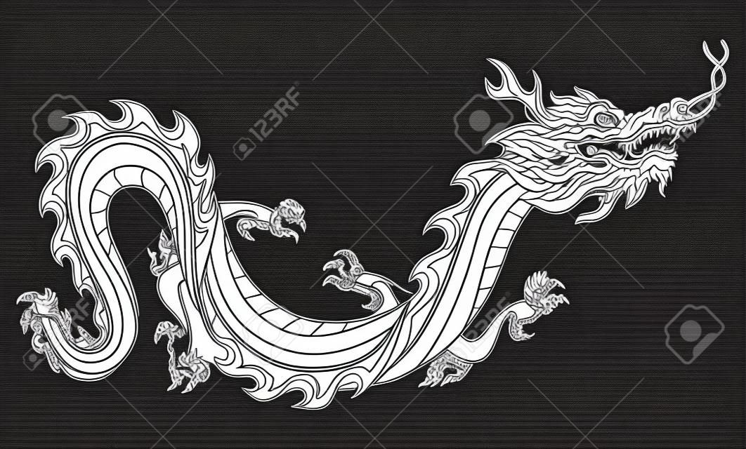 Illustration of Chinese dragon. Coloring page for printing and drawing. Traditional China symbol. Asian mythological black animal.