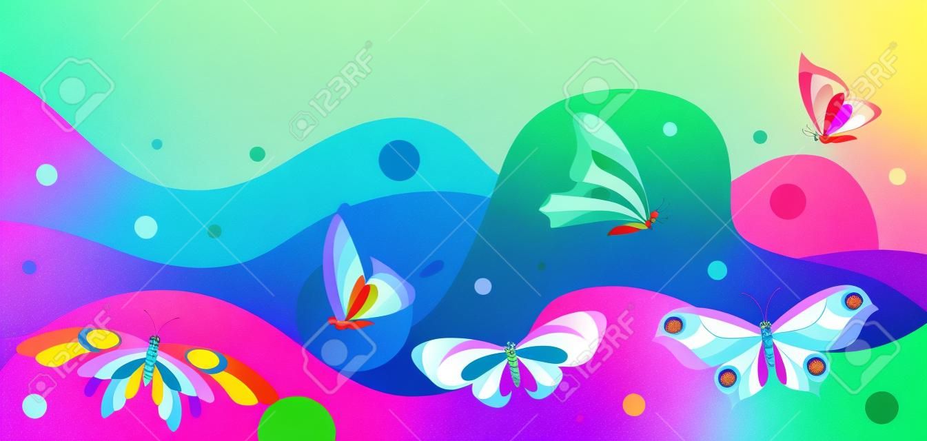 Bannerdesign mit Schmetterlingen. Bunte helle abstrakte Insekten.