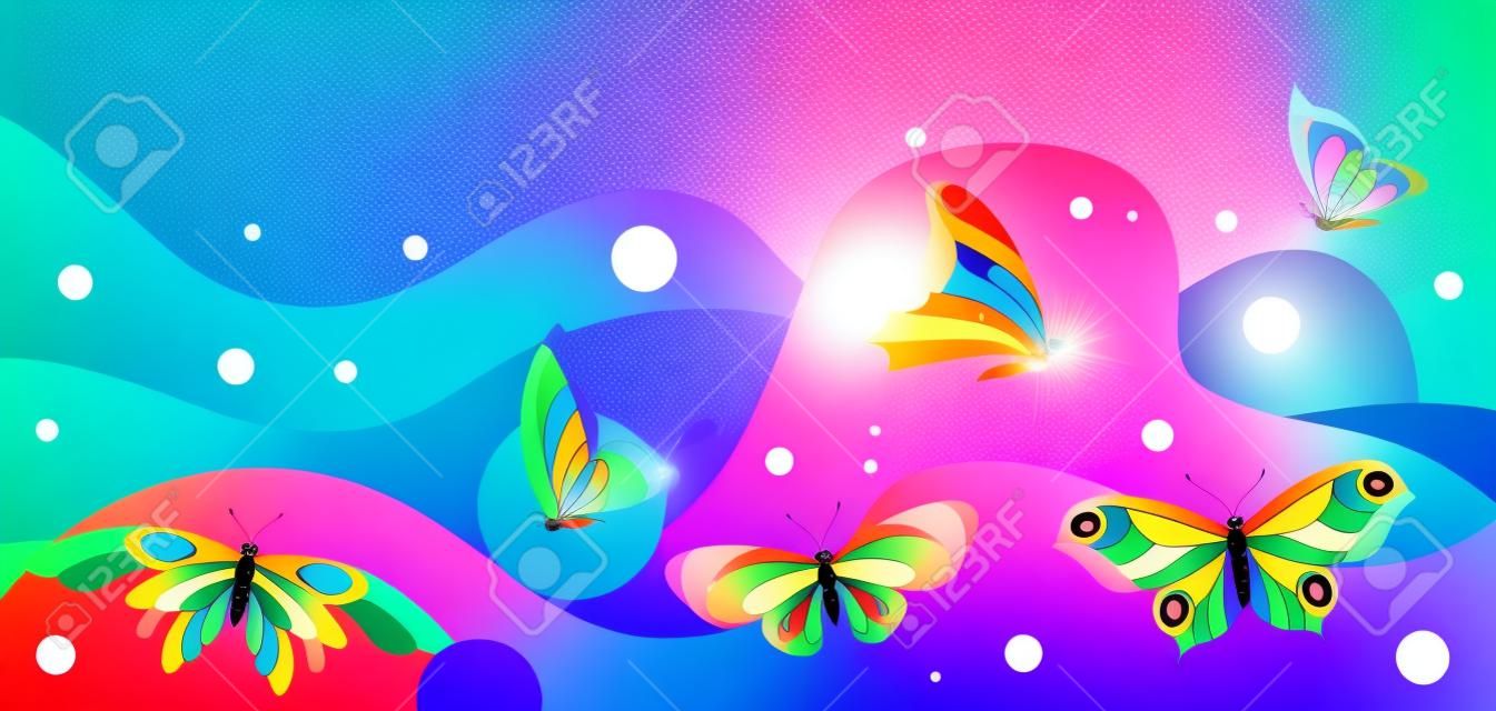 Bannerdesign mit Schmetterlingen. Bunte helle abstrakte Insekten.