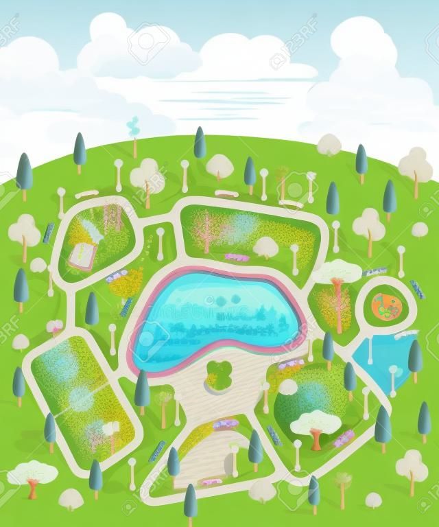 Ilustracja pięknego letniego lub wiosennego parku miejskiego miejskiej przestrzeni publicznej z trawnikiem nad jeziorem i drzewami do spacerów i relaksu