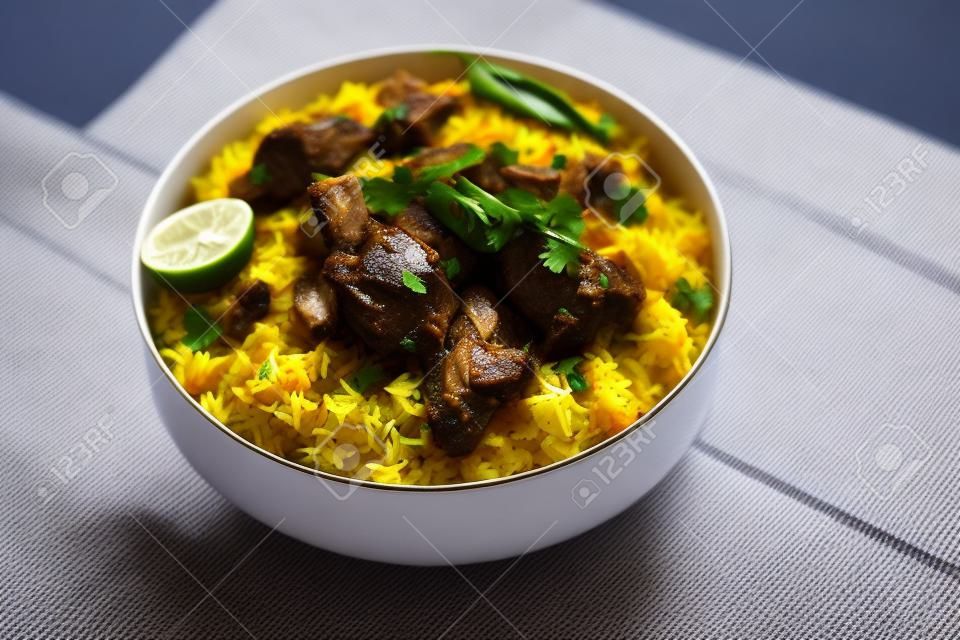 Biriyani z baraniny lub jagnięciny z ryżem basmati, podawane w misce na nastrojowym tle.