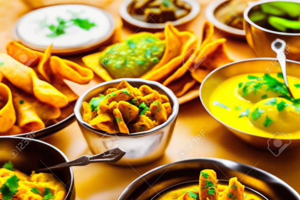Groep van Gujarati snacks zoals jalebi-fafda, thepla, khaman dhokla, aloo bhujiya, khandvi, khakra, dahi vada, gathya met hete thee