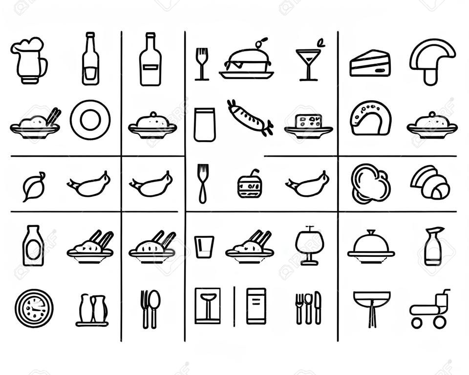 Restaurant line icon set with editable stroke. Outline collection of 20 symbols. Food and drink icons. Vector illustration.