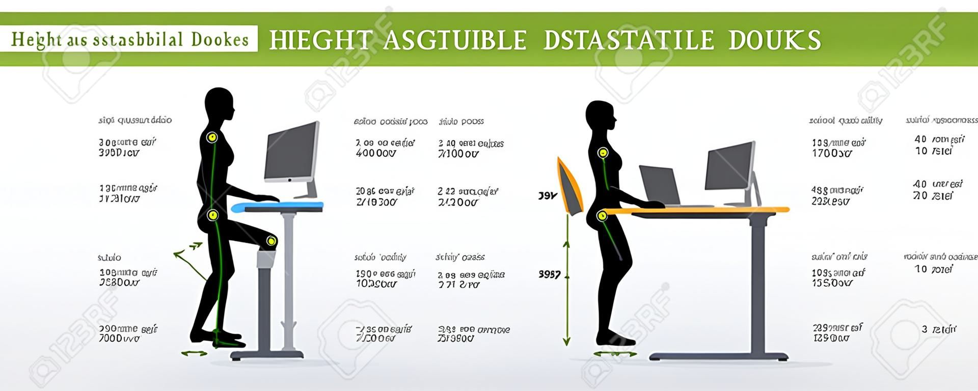 高度可调和站立式办公桌可纠正姿势。人体工程学的健康姿势。