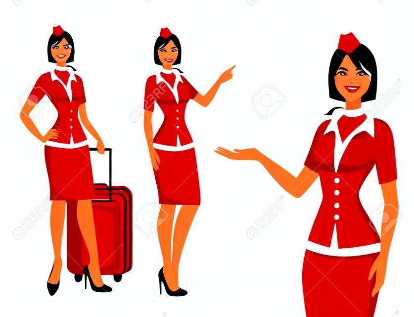 赤い制服を着たスチュワーデス。飛行アテンダント、エアホステスは情報を指差すか、バッグを持って立っています。インフォグラフィックのためのかわいい職業スチュワーデス漫画のキャラクター。ベクターの図。