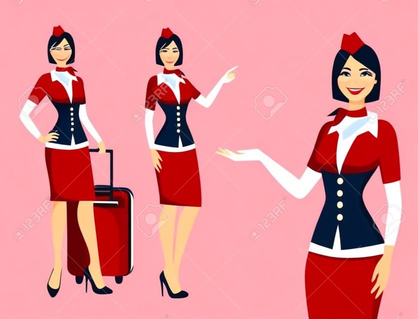 Stewardess in rood uniform. Vliegende begeleiders, air hostess wijzen op informatie of staan met tas. Mooi beroep stewardess cartoon karakter voor infographics. Vector illustratie.
