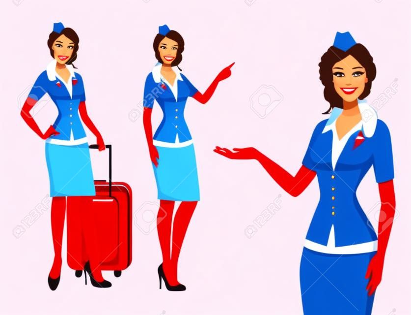 Hostess in uniforme rossa. Assistenti di volo, hostess di volo che indicano le informazioni o in piedi con la borsa. Personaggio dei cartoni animati piuttosto hostess professione per infografica. Illustrazione vettoriale.