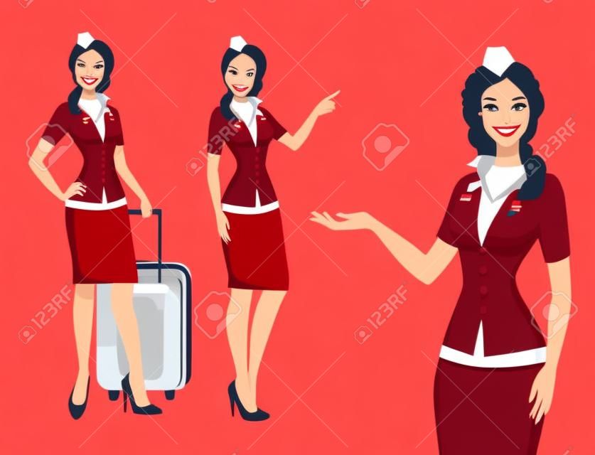 Hostess in uniforme rossa. Assistenti di volo, hostess di volo che indicano le informazioni o in piedi con la borsa. Personaggio dei cartoni animati piuttosto hostess professione per infografica. Illustrazione vettoriale.