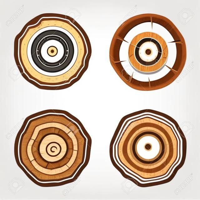 Conjunto de cuatro iconos de anillos de árbol. concepto de corte de sierra tronco de árbol, silvicultura y aserradero. aislado sobre fondo blanco Diseño de logotipo de moda ilustración vectorial moderna