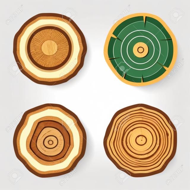 set di quattro alberi anelli icone. concetto di sega albero tagliato tronco, la silvicoltura e la segheria. isolato su sfondo bianco. logo design moderno illustrazione vettoriale