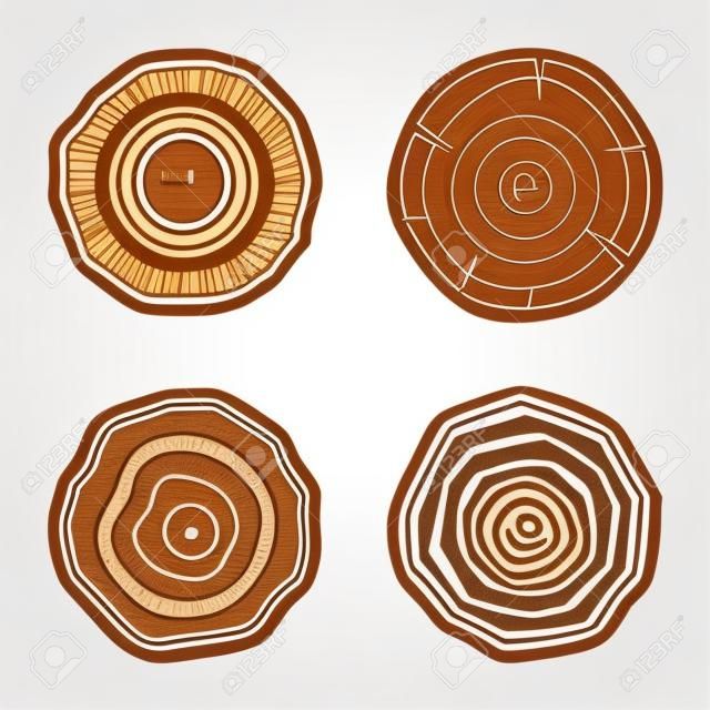 Conjunto de cuatro iconos de anillos de árbol. concepto de corte de sierra tronco de árbol, silvicultura y aserradero. aislado sobre fondo blanco Diseño de logotipo de moda ilustración vectorial moderna