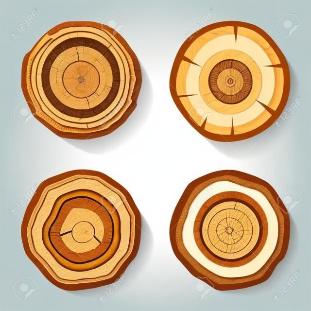 set of four tree rings icons. concept of saw cut tree trunk, forestry and sawmill. isolated on white background. logo design trendy modern vector illustration