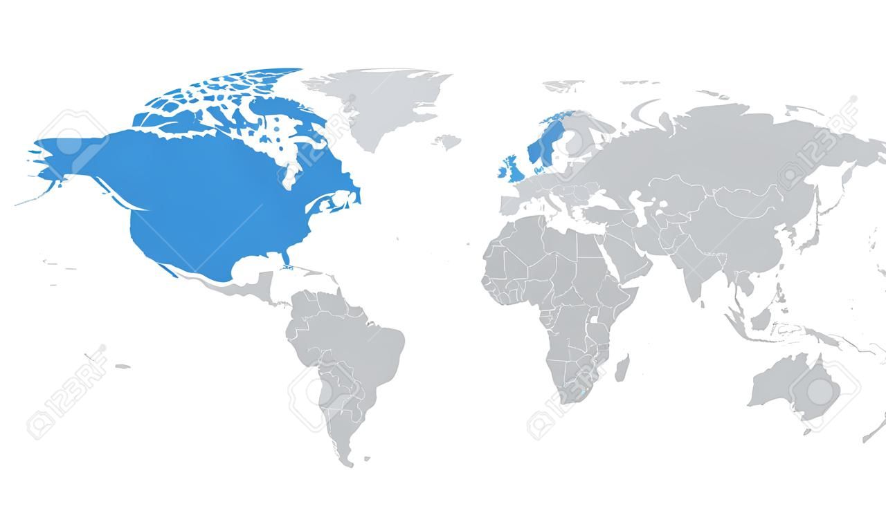 Mappa commerciale degli Stati Uniti del Canada e del Messico evidenziata in blu sulla mappa del mondo. Sfondo grigio chiaro Perfetto per sfondi, concetti aziendali, sfondo, banner, grafico, adesivo, etichetta ecc.