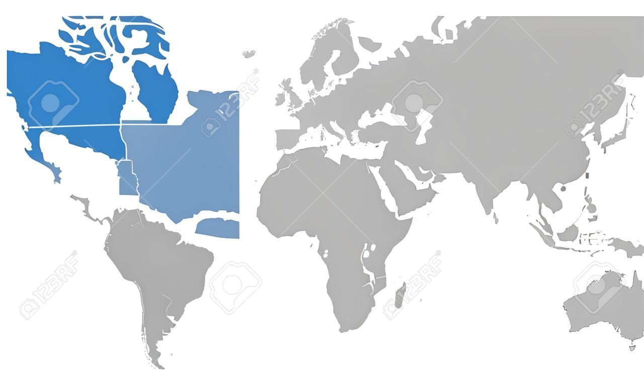 Mapa handlu USA Kanada Meksyk podświetlona na niebiesko na mapie świata. Jasnoszare tło Idealne do tła, koncepcji biznesowych, tła, banera, wykresu, naklejki, etykiety itp.