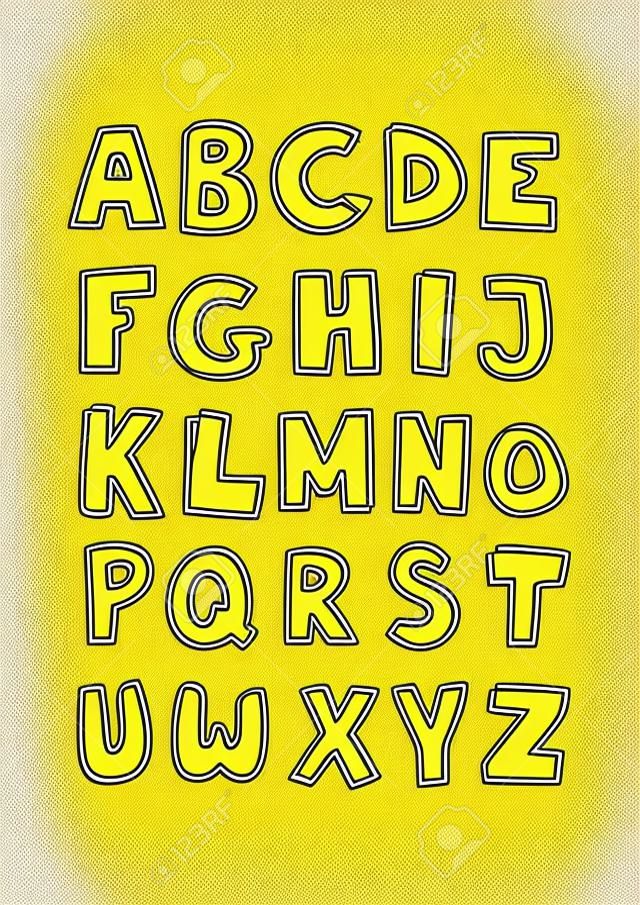 Enfants vecteur alphabet lettres dessinés à la main doodle animé signe jaune et noir isolé sur fond blanc