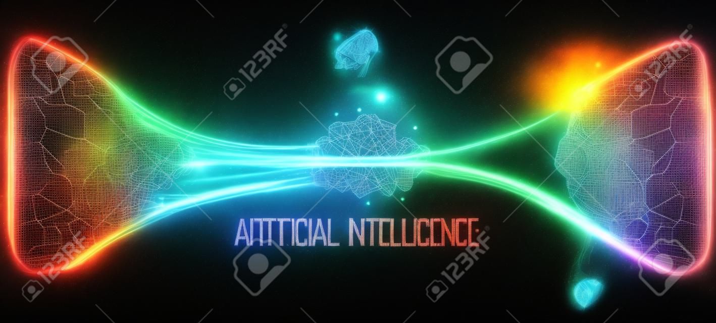 Artificial Intelligence (AI), Cyber Mind and Machine Learning. Big Data Analysis, Human Brain Study. Cyber Technology, Science Innovation. Neural Connect Concept. Virtual Mind, Artificial Intellect.