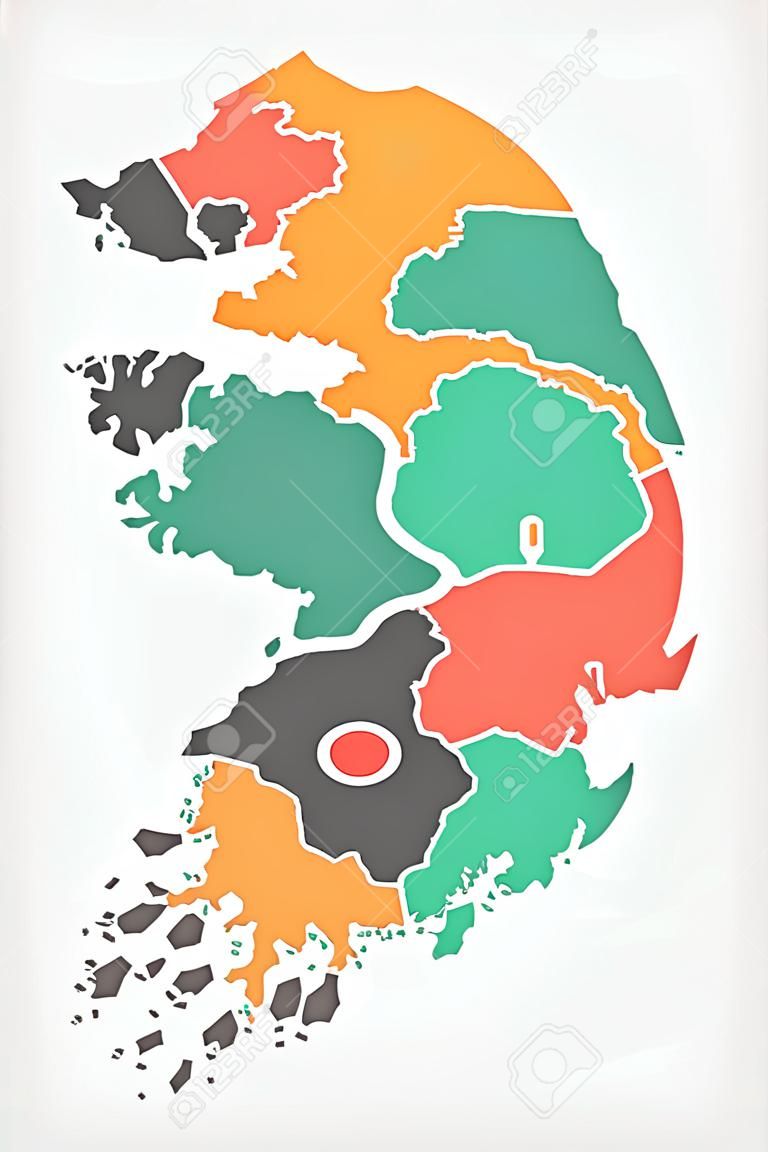 Carte de la Corée du Sud avec des états et des formes rondes modernes