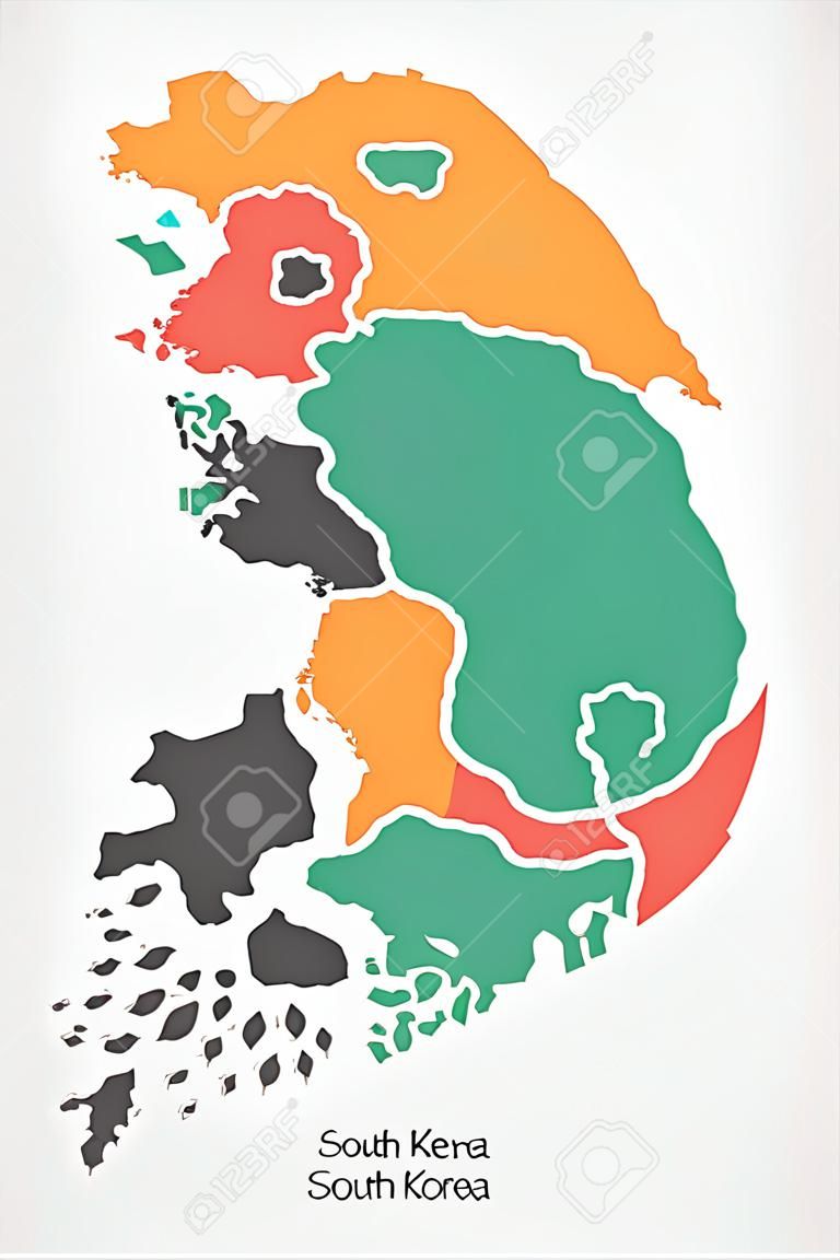 Carte de la Corée du Sud avec des états et des formes rondes modernes