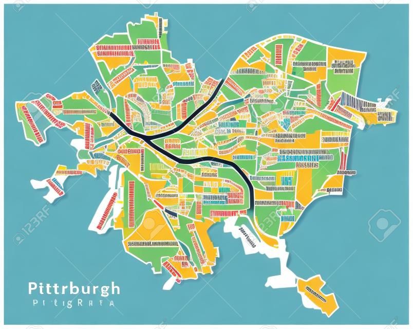 Mapa da cidade moderna - Pittsburgh Pensilvânia cidade dos EUA com bairros e títulos mapa do esboço