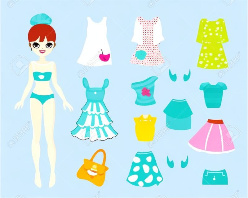 Ilustración del vector de muñeca de papel linda y un conjunto de ropa casual