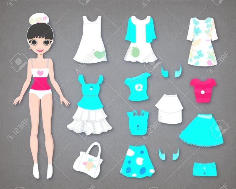 Vector illustration of cute paper doll and set of casual clothes