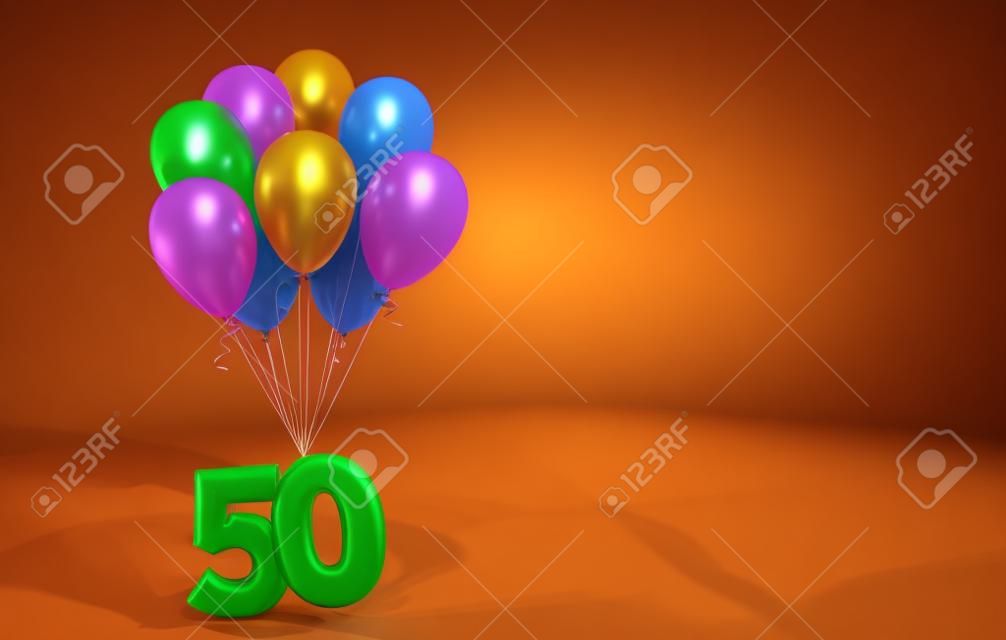 50-es számú párt ünnepe. Csomó lufihoz csatolt szám. 3D renderelés