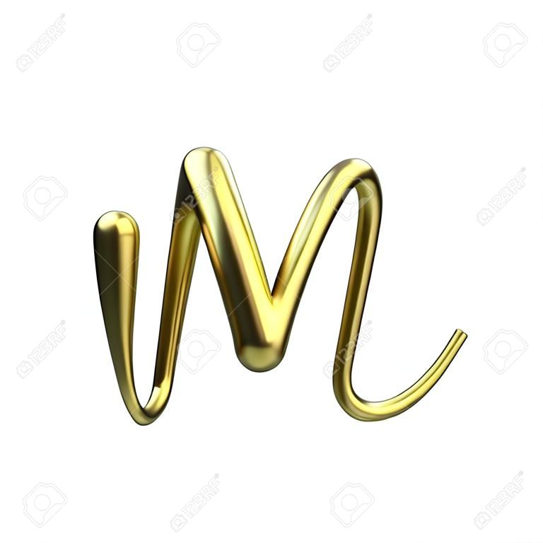 Letter M gold handwritten script font. 3D Rendering