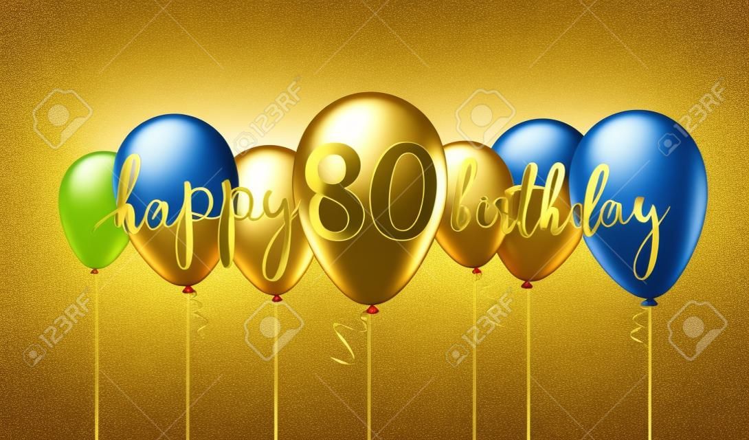 Happy 80th birthday gold balloon greeting background. 3D Rendering
