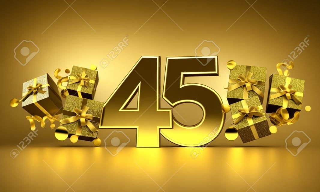 선물 상자가 있는 45번 금 생일 축하 번호입니다. 3D 렌더링