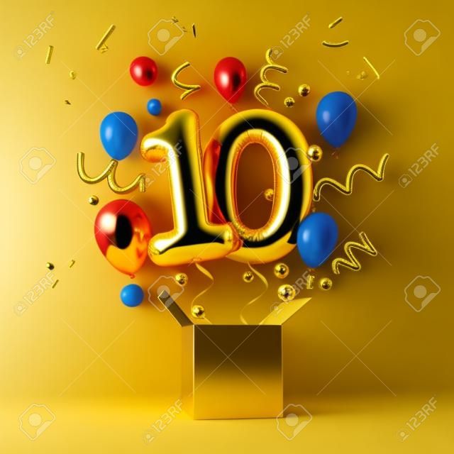 Caja y globo sorpresa de oro de 10 cumpleaños feliz. Representación 3D