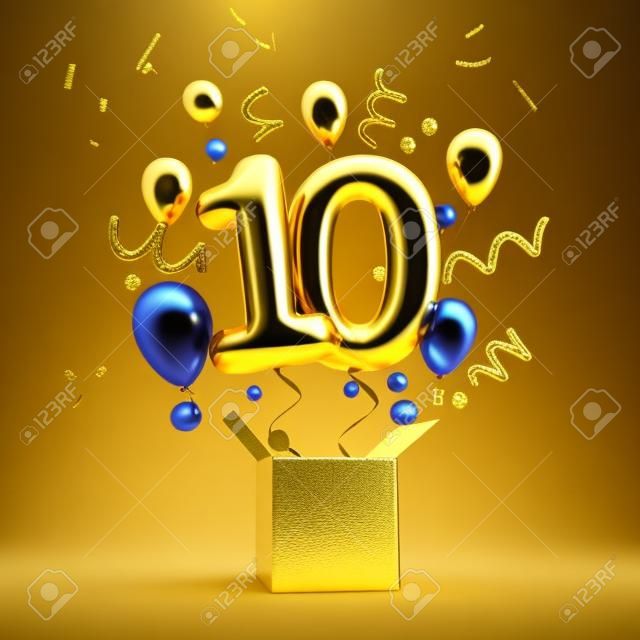 Joyeux 10e anniversaire ballon et boîte surprise en or. Rendu 3D