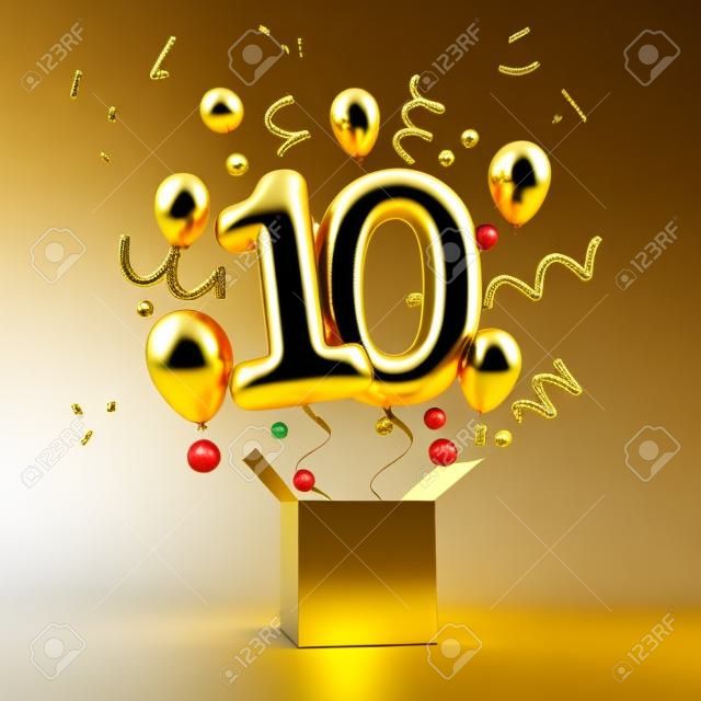 Joyeux 10e anniversaire ballon et boîte surprise en or. Rendu 3D