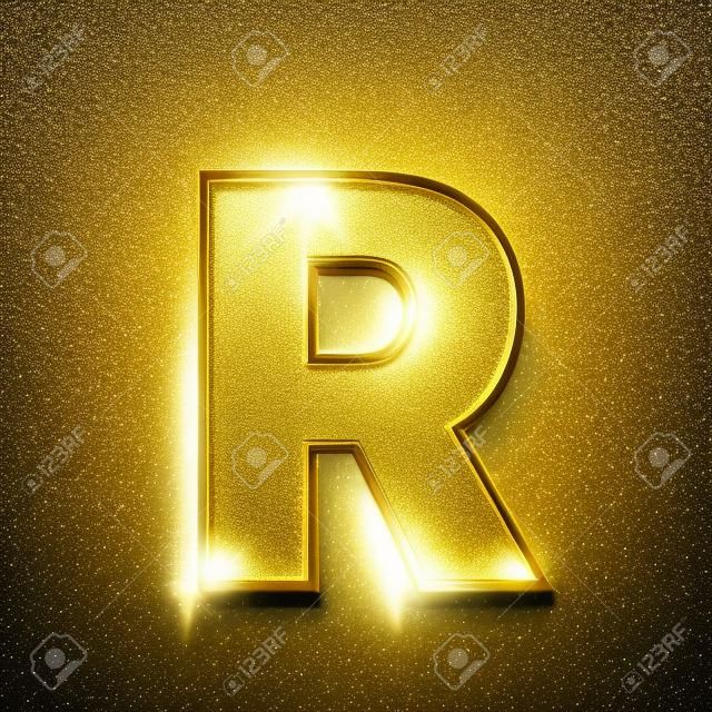 Gold glitter letter R. Shiny sparkling golden capital letter. 3D rendering