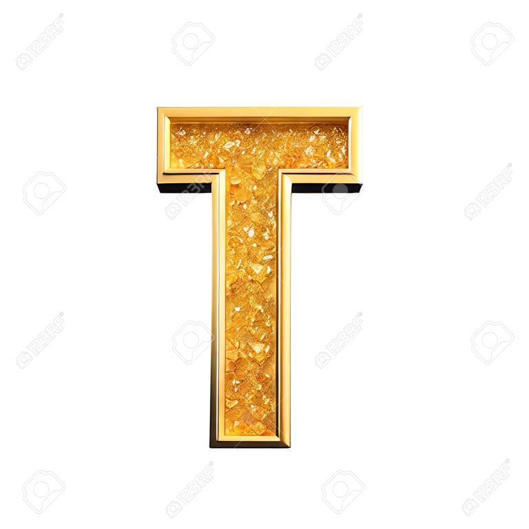 Letra de oro brillo T. Letra mayúscula de oro brillante brillante. Representación 3D