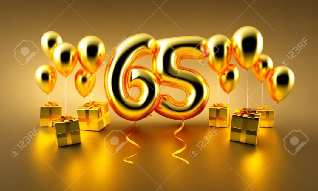 Palloncino d'oro di celebrazione di compleanno numero 65 con regali. Rendering 3D