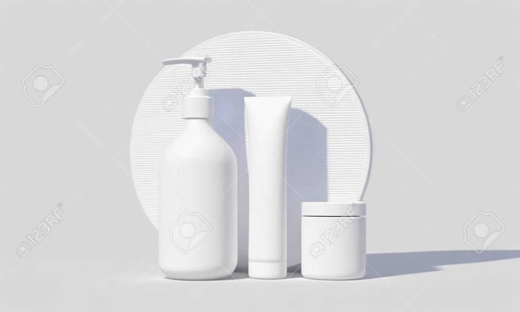 Envases de maquillaje cosmético blanco en blanco para el cuidado de la piel. Render 3D