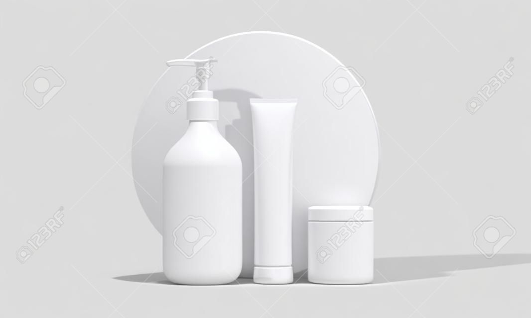 Envases de maquillaje cosmético blanco en blanco para el cuidado de la piel. Render 3D