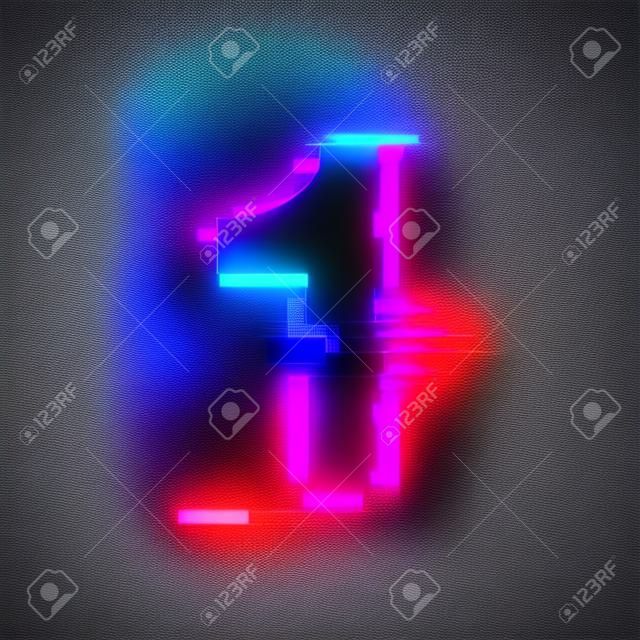Number 1 distorted neon glitch effect text font. 3D Render