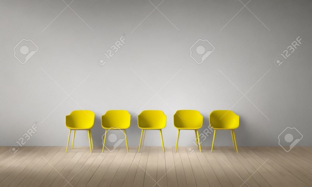 Cadeira amarela que se destaca da multidão. Conceito do negócio. Renderização 3D