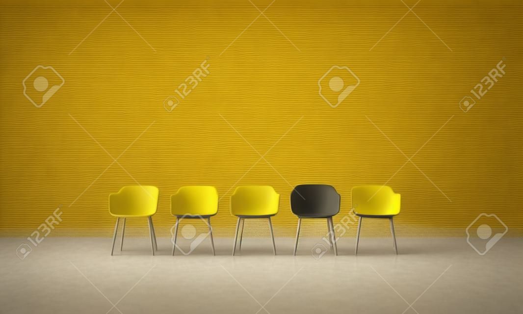 Żółty fotel wyróżniający się z tłumu. Pomysł na biznes. renderowanie 3D