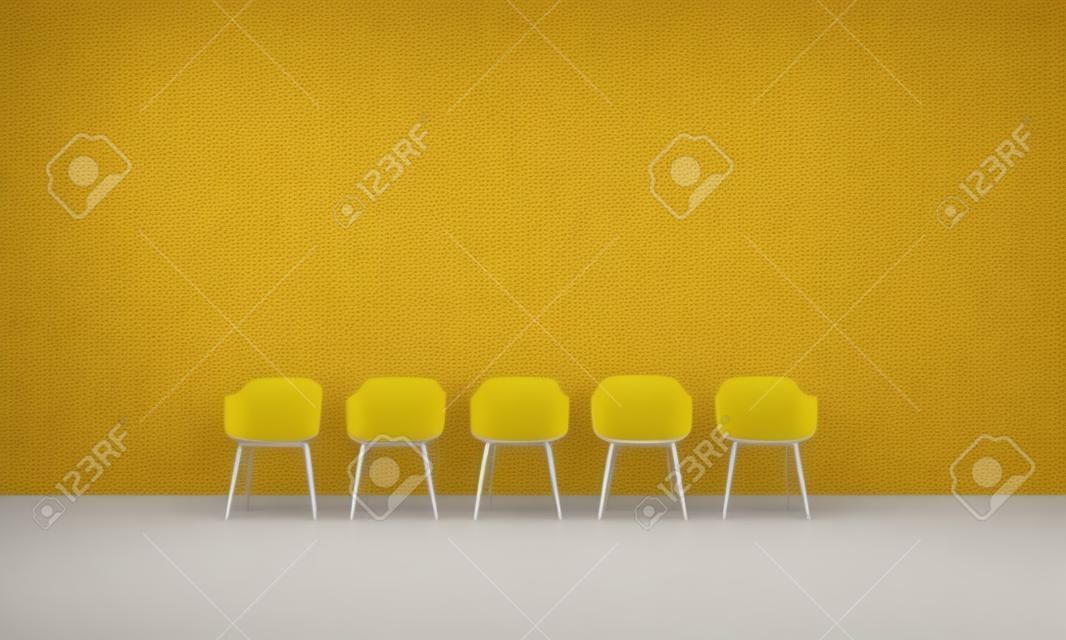 Gelber Stuhl, der sich von der Masse abhebt. Geschäftskonzept. 3D-Rendering