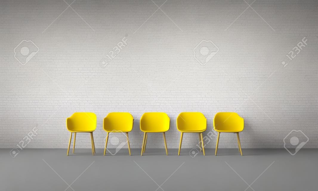 Żółty fotel wyróżniający się z tłumu. Pomysł na biznes. renderowanie 3D