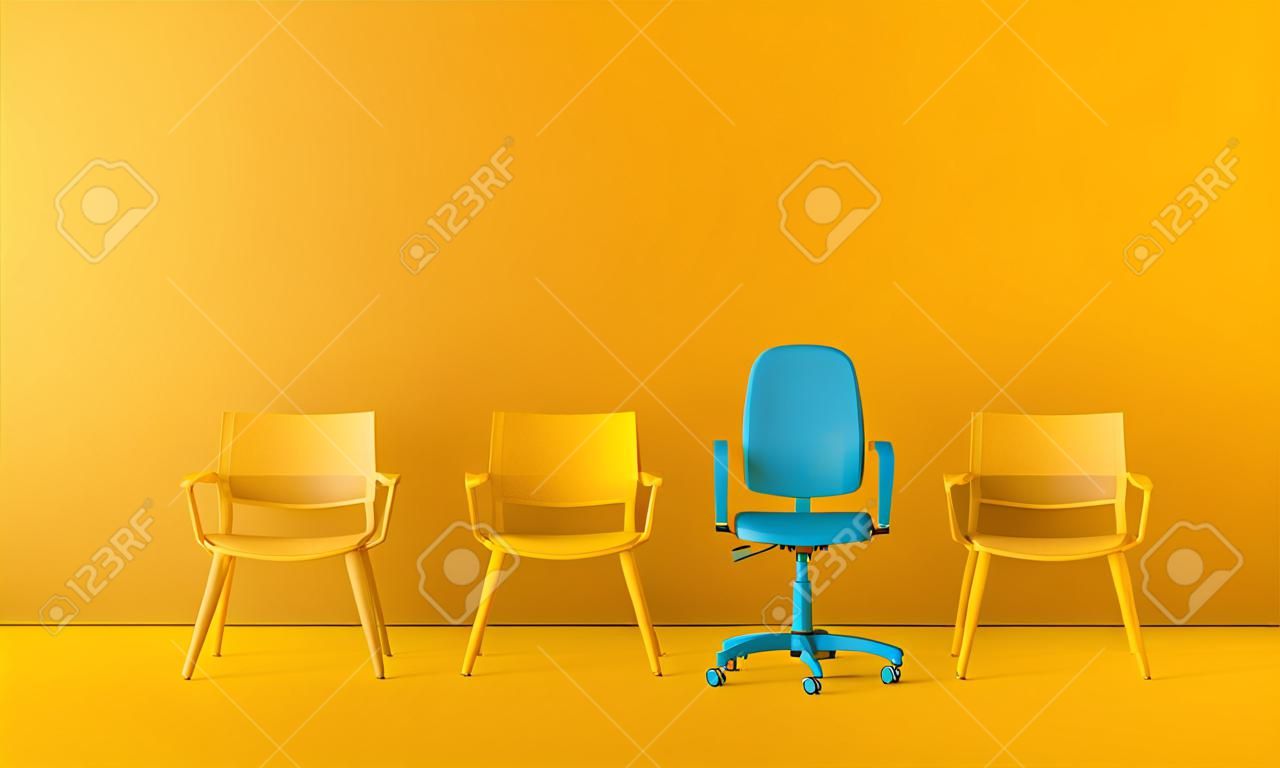 Team leadership. Single chair stands of from the rest. 3D rendering