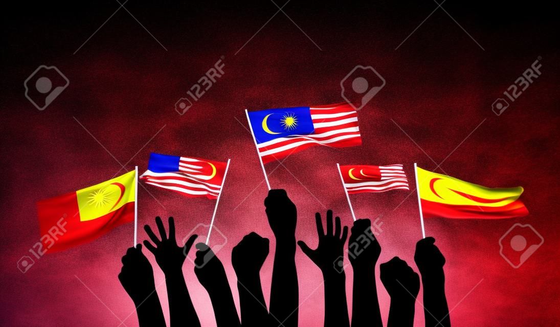 자부심을 가지고 말레이시아 국기를 흔들며 제기된 팔의 실루엣. 3d 렌더링