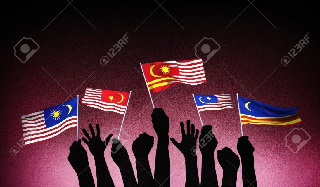 Silhouette von erhobenen Armen, die stolz eine malaysische Flagge schwenken. 3D-Rendering